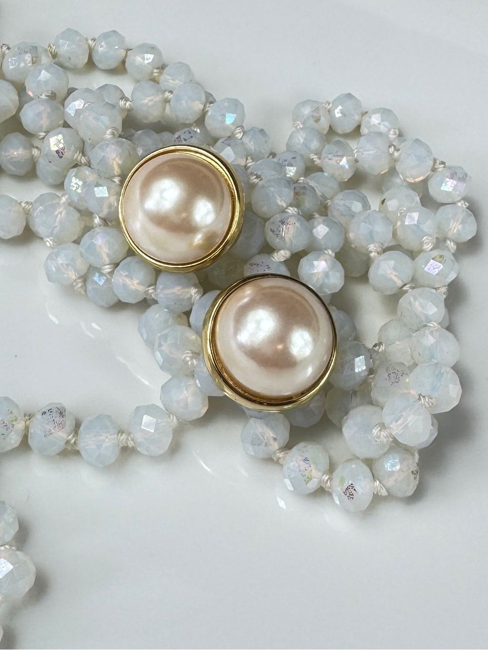 Signed Gold Tone Pearl Half-Dome Post Earrings - White Pearl